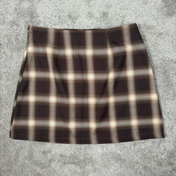 BP Nordstrom Brown Plaid Mini Skirt Size M Ombre Front Slit Academia Coquette - Picture 6 of 10